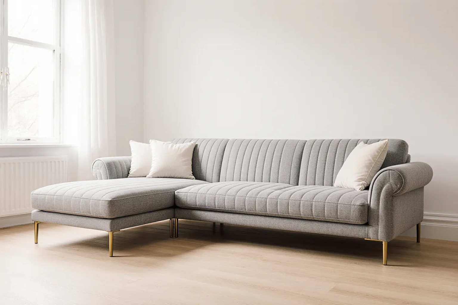 Light grey L-shaped sofa with a left-hand chaise, channel-stitched back, rolled arms and brushed brass legs in a bright living room