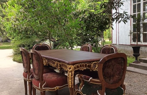 ELEV&Eacute; ornate gold-accented outdoor dining table with carved chairs
